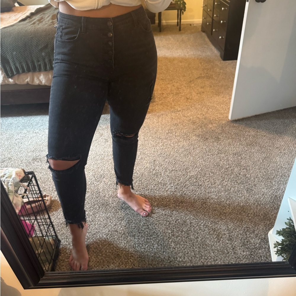 High-Waisted Black Distressed Jeans